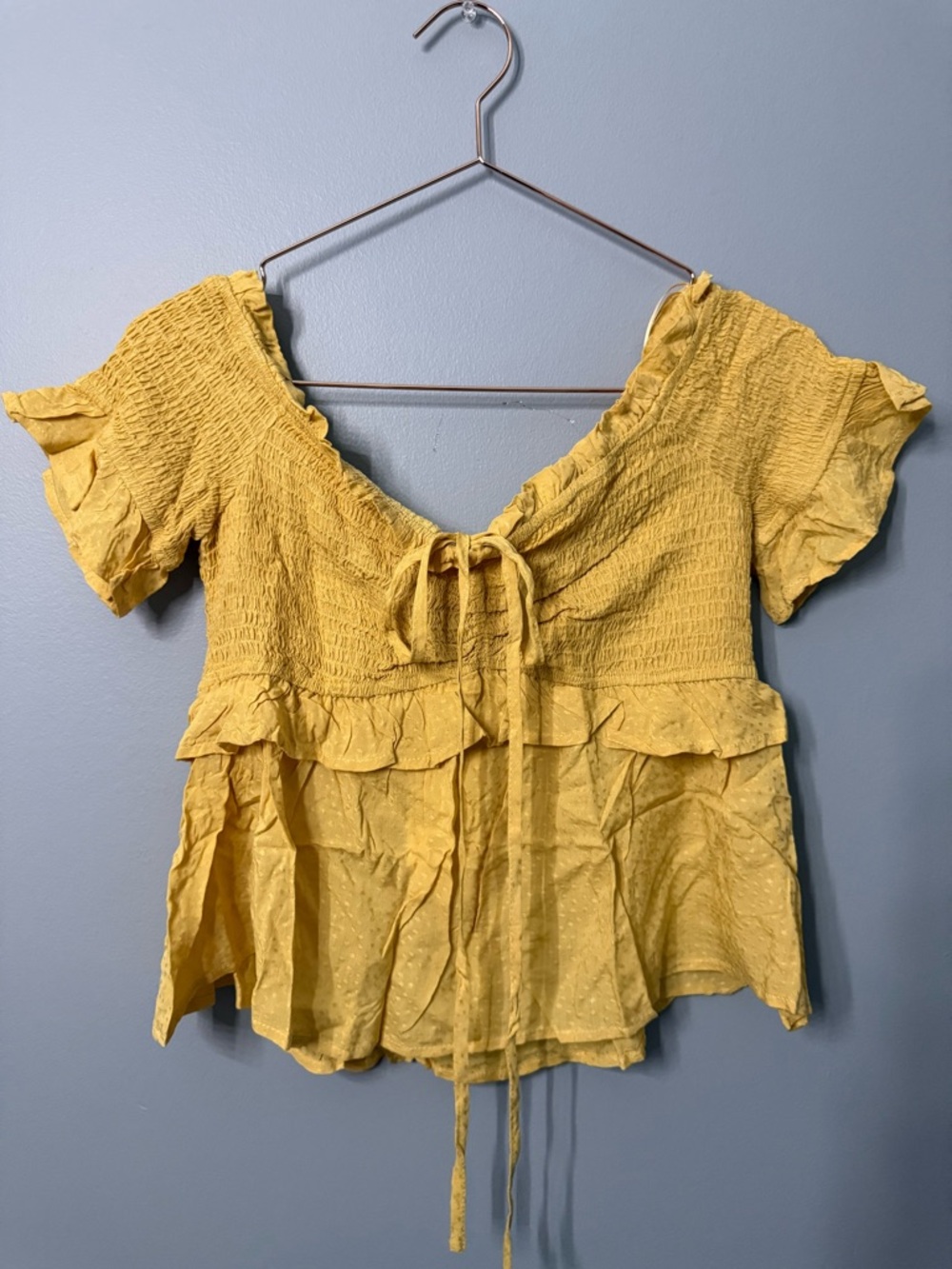 Promesa Mustard Yellow Smocked Ruffle Tie-Front Top